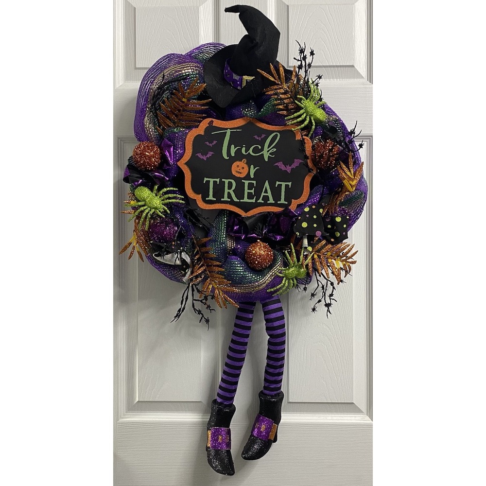 Halloween Decorative Wreath With Witch Legs Purple/Black&Orange 36" L,18" W,5" D
